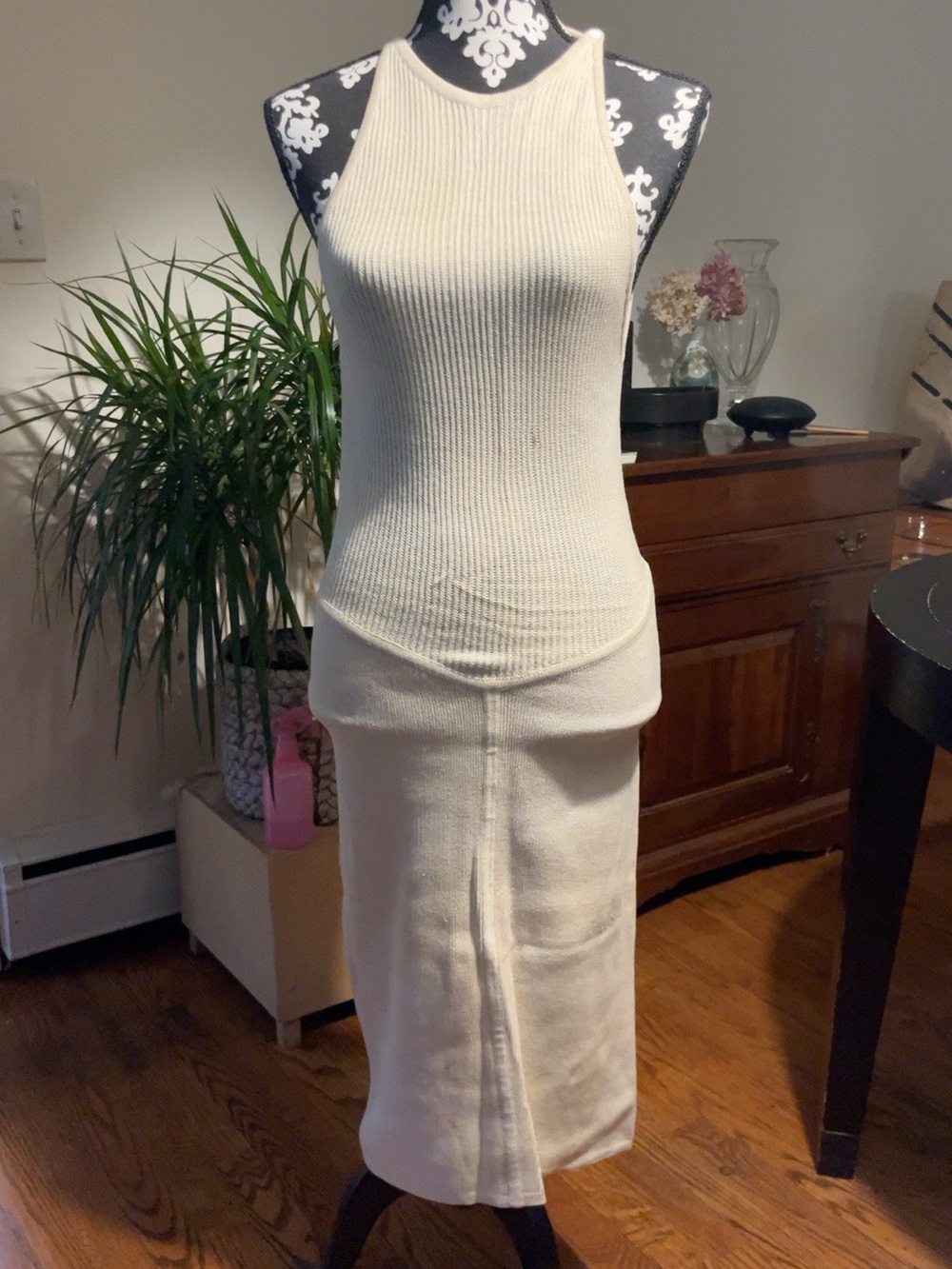Vintage Azzedine Alaïa Paris Cream Cotton Knit Drop-Waist Dress Size S Arc 6047